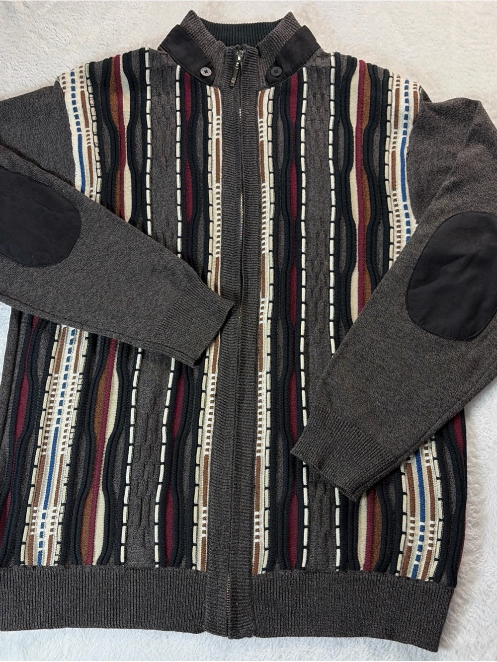 Montique Lg 3D Texture Knit Zip Sweater Retro Multi-Color Pattern Hip Hop Biggie